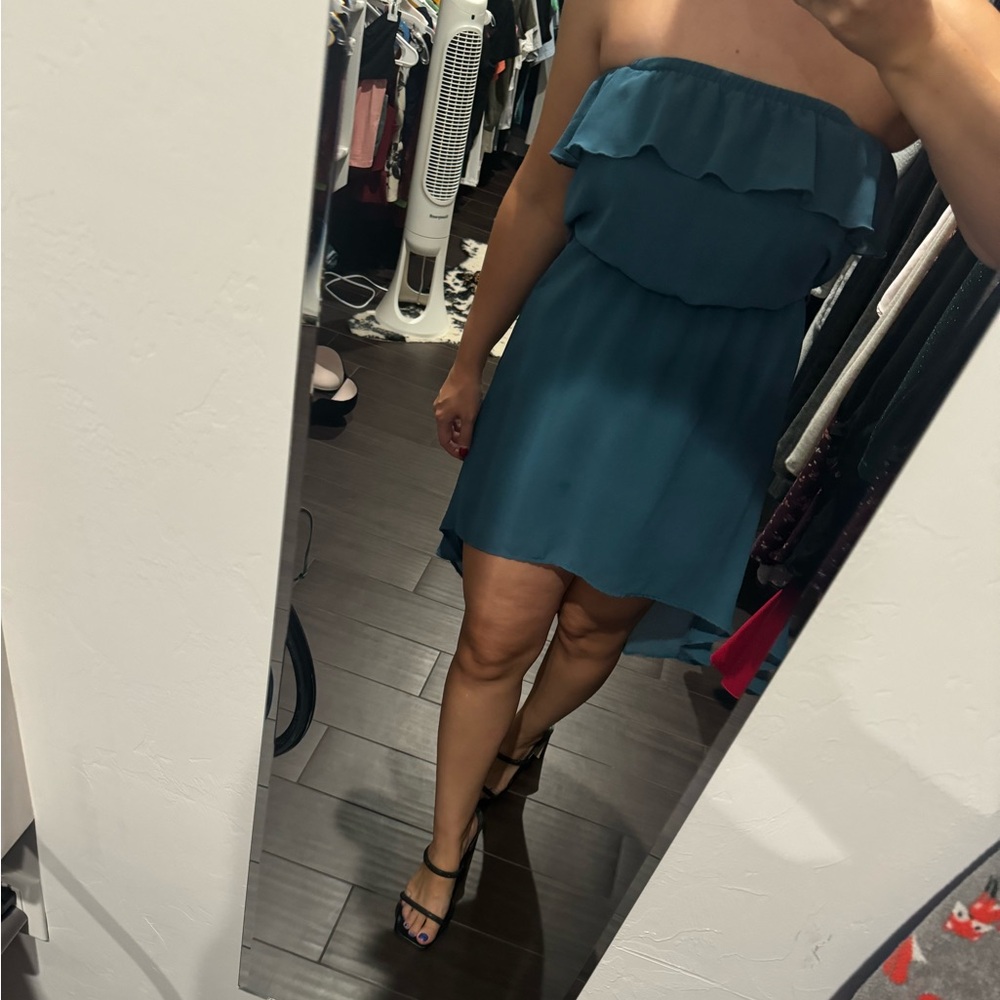 Slate blue strapless high low dress